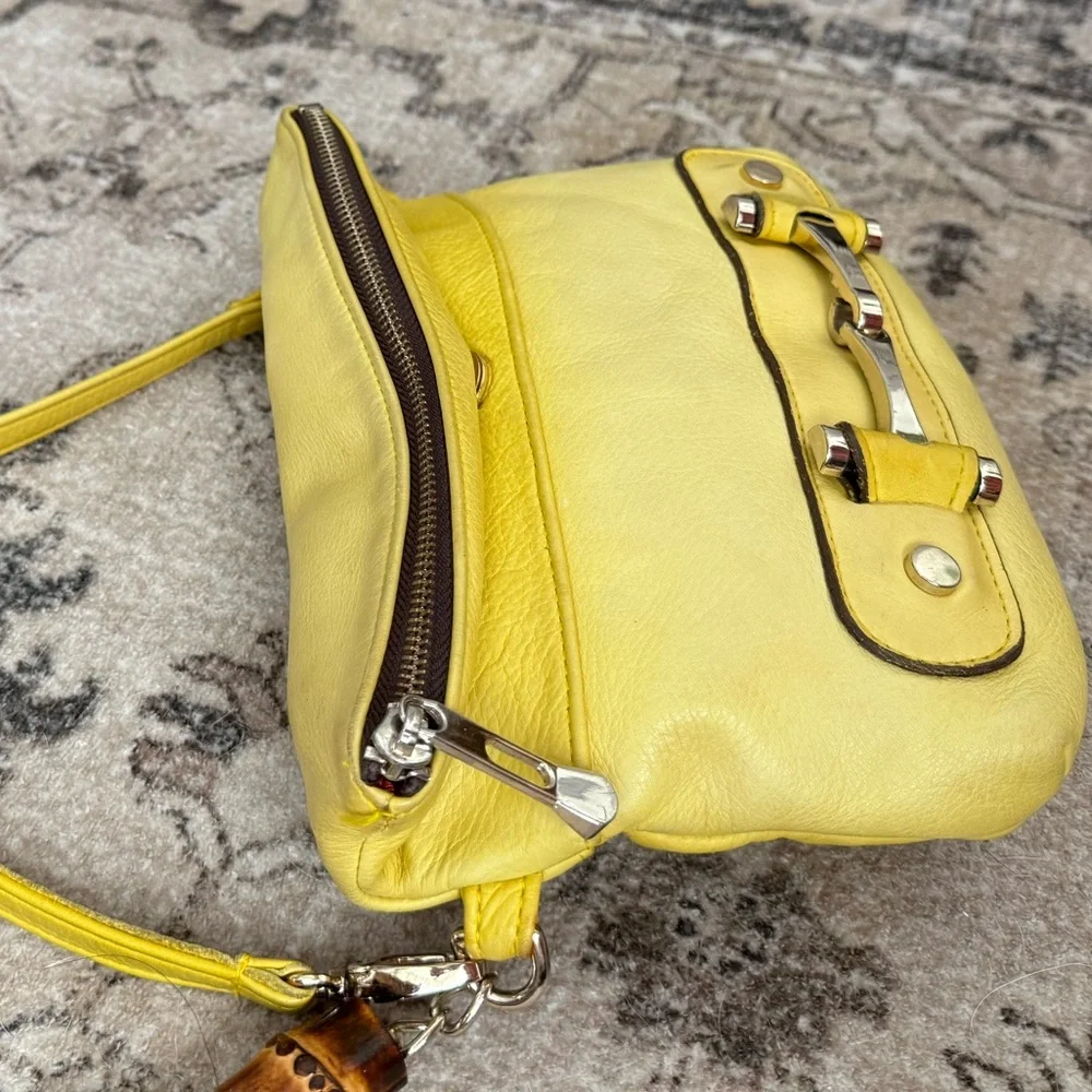 Sunny Yellow Leather Crossbody with Horsebit like and Bamboo Tassel Accent - Picture 5 of 10